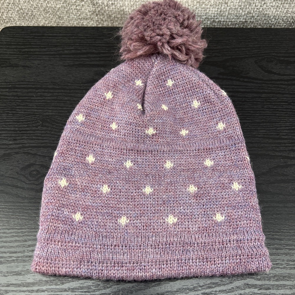 Vintage Wigwam Purple Dot 100% Wool Knit Pom Pom Snow Beanie Cap Hat Winter Ski